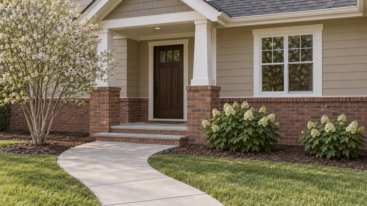 Suburban house entry with tan siding, brick porch steps, a dark wooden door, and a curved concrete walk.