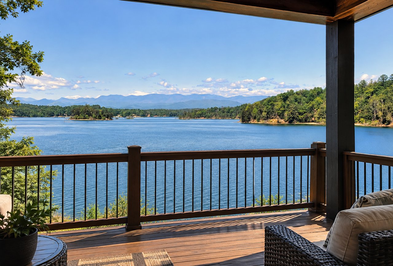 Autumn foliage surrounding Lake James in North Carolina with scenic mountain views near Morganton and Nebo, a popular area for lakefront homes and real estate.