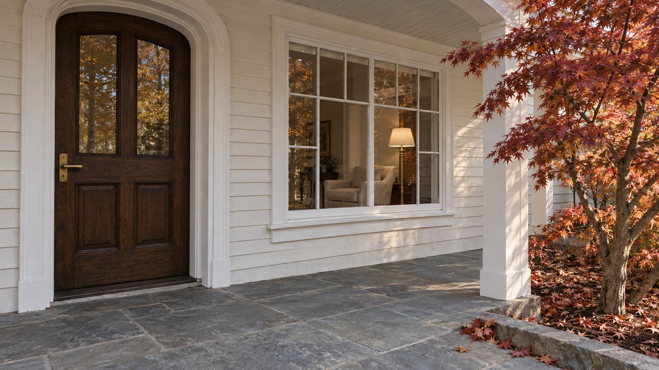 White clapboard porch with an arched oak entry, stone landing and a sitting-room window beside copper-red maple leaves.