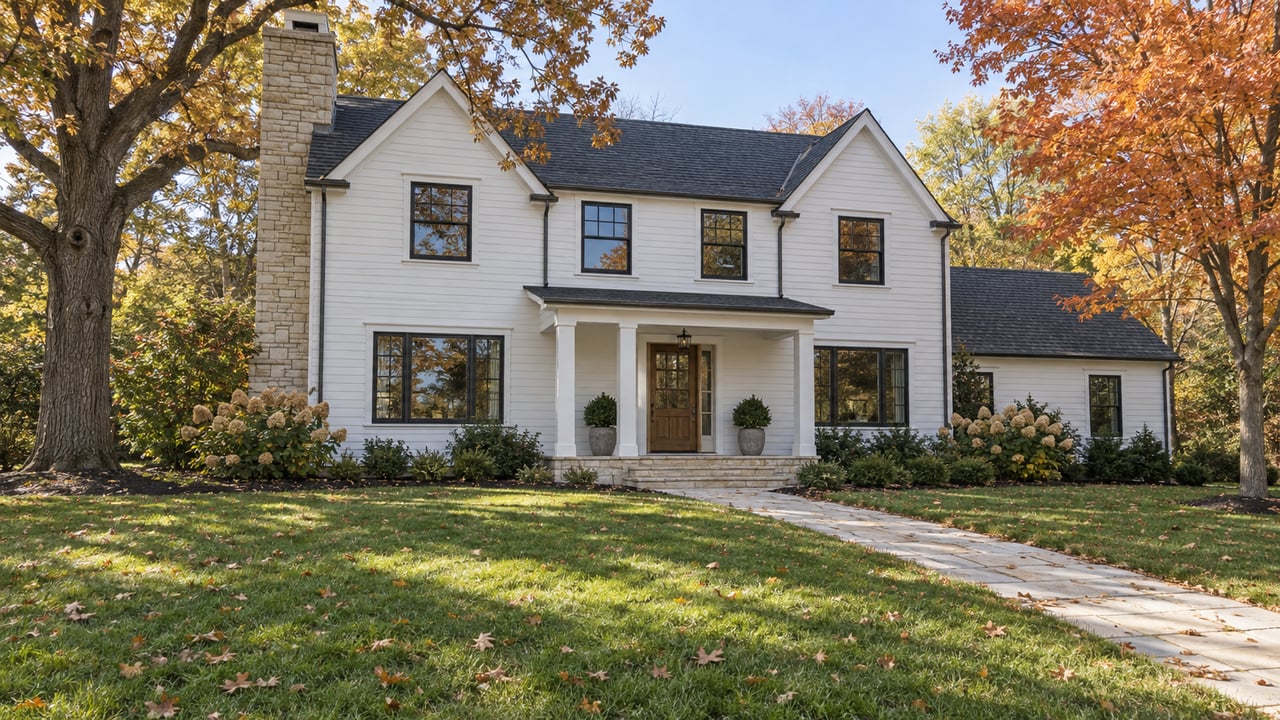 Updated white clapboard home with limestone chimney, a deep autumn lawn and mature oak and maple trees.