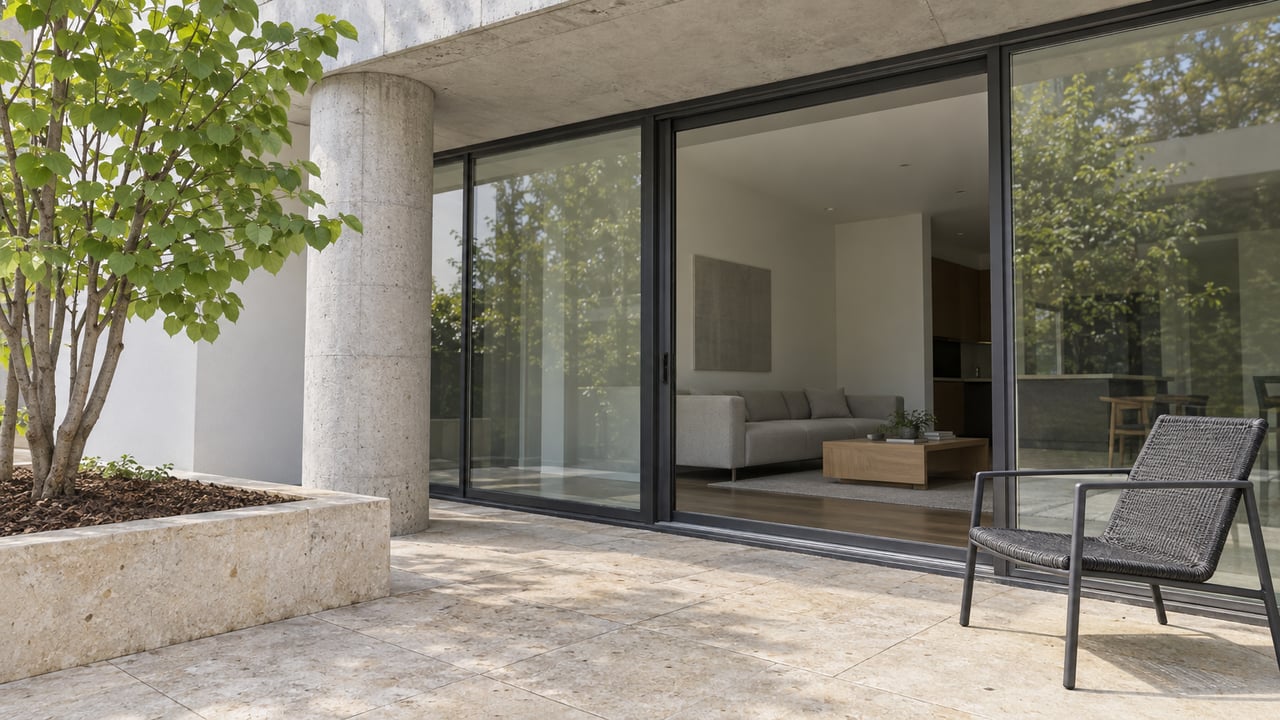 A compact limestone terrace outside a contemporary condominium, with closed glass doors, an exposed concrete column and a single redbud tree.