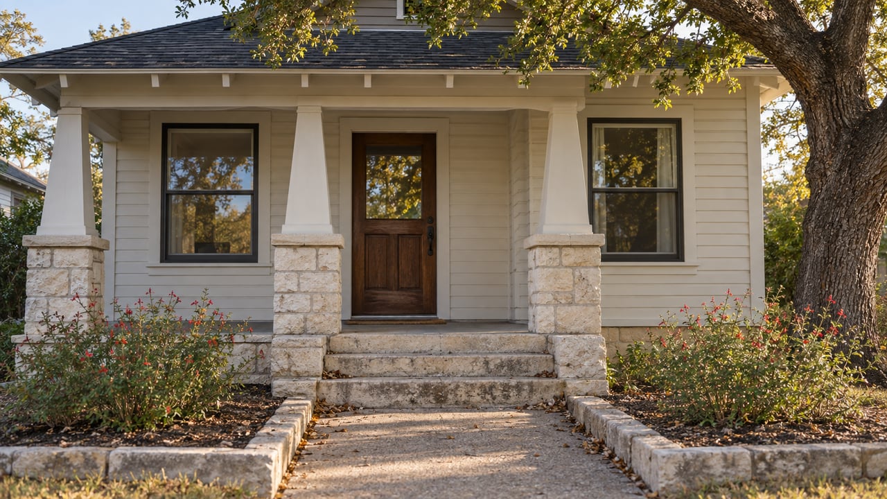 Off-white bungalow with a recessed wood-and-glass door, limestone steps, and oak branches overhead.