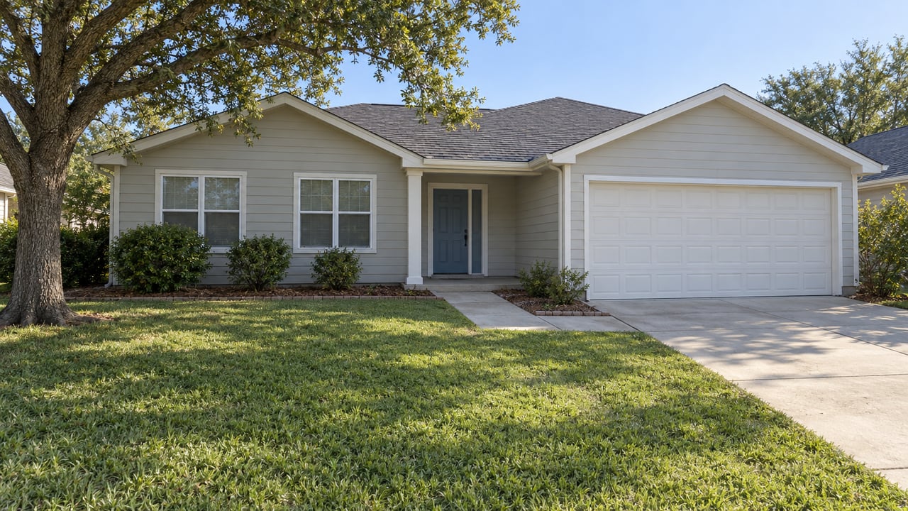 Single-story gray-sided home with a broad gable roof, attached garage, deep lawn, and a mature spreading oak in morning light.