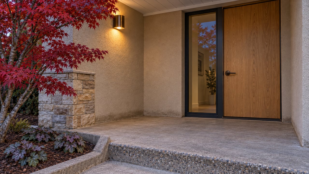 Warmly lit stucco home entrance with an oak door, stone pier, concrete landing, and red autumn maple leaves.