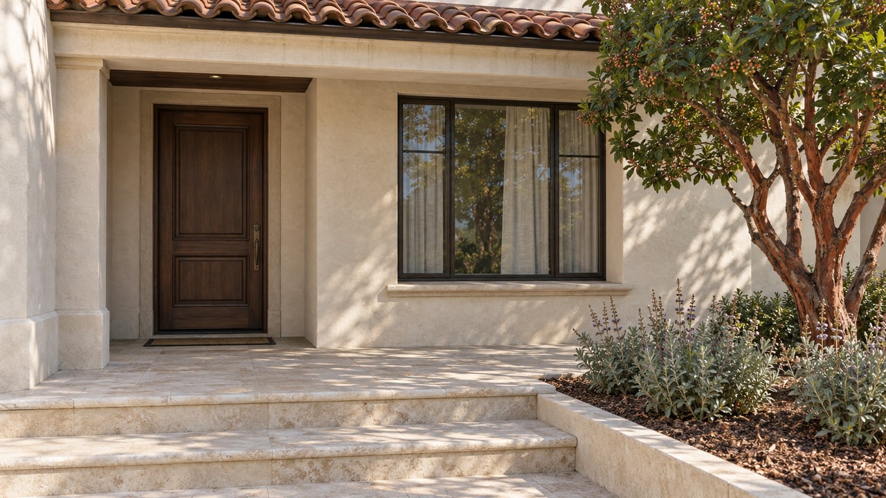 Sunlit stucco home entrance with an oak door, terracotta porch roof, limestone steps and a strawberry tree beside purple sage.