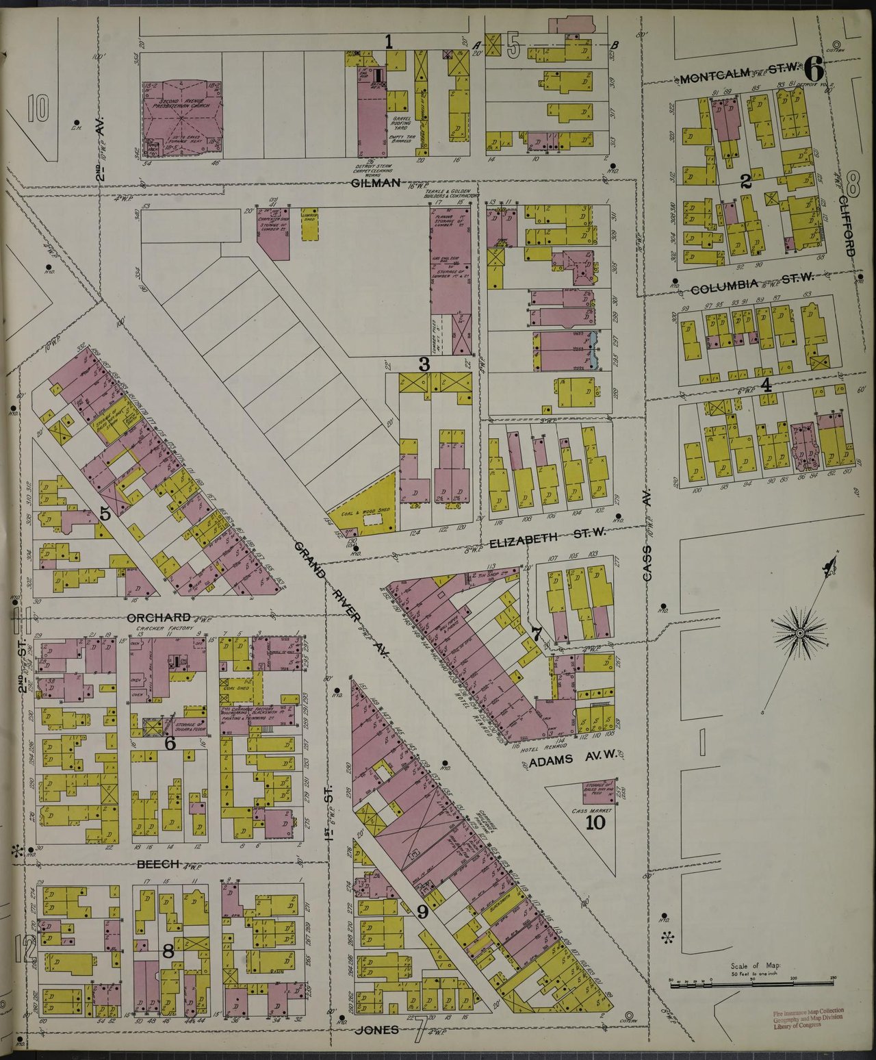 Historic Detroit fire insurance map showing color-coded building lots and neighborhood streets.