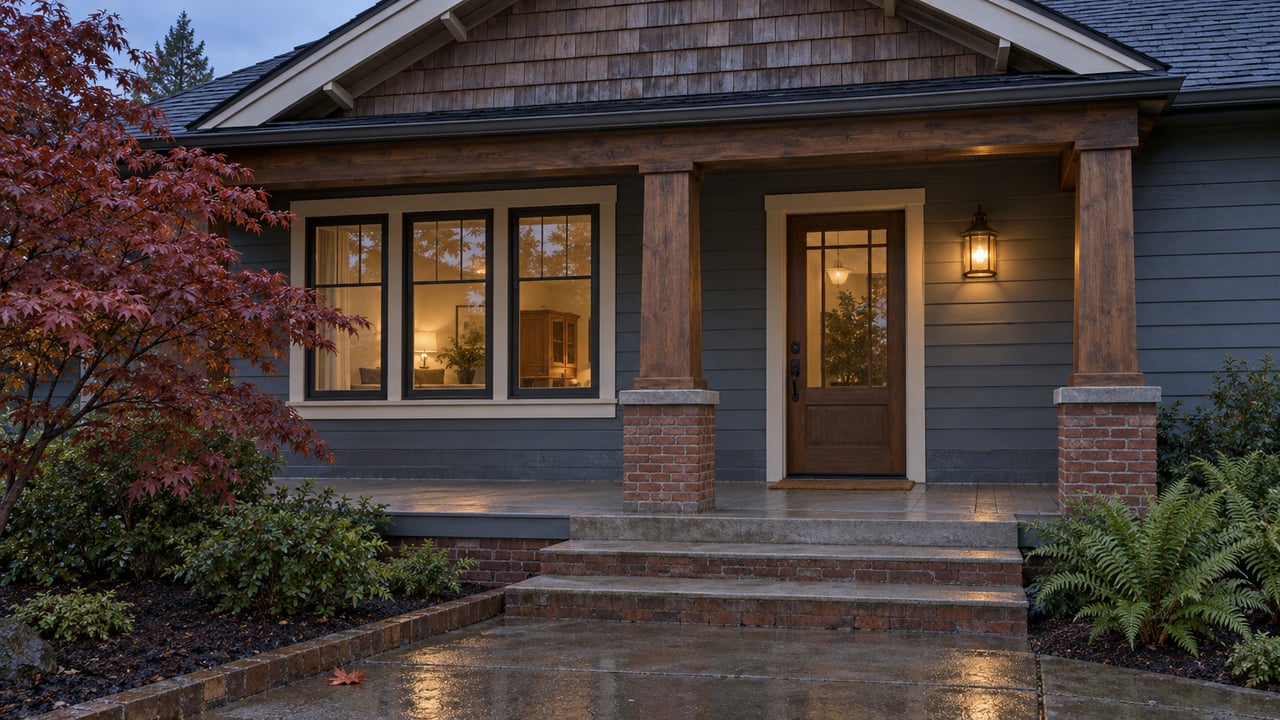 A blue clapboard house with cedar shingles, timber porch columns, brick steps, and a warm porch lantern after rain.