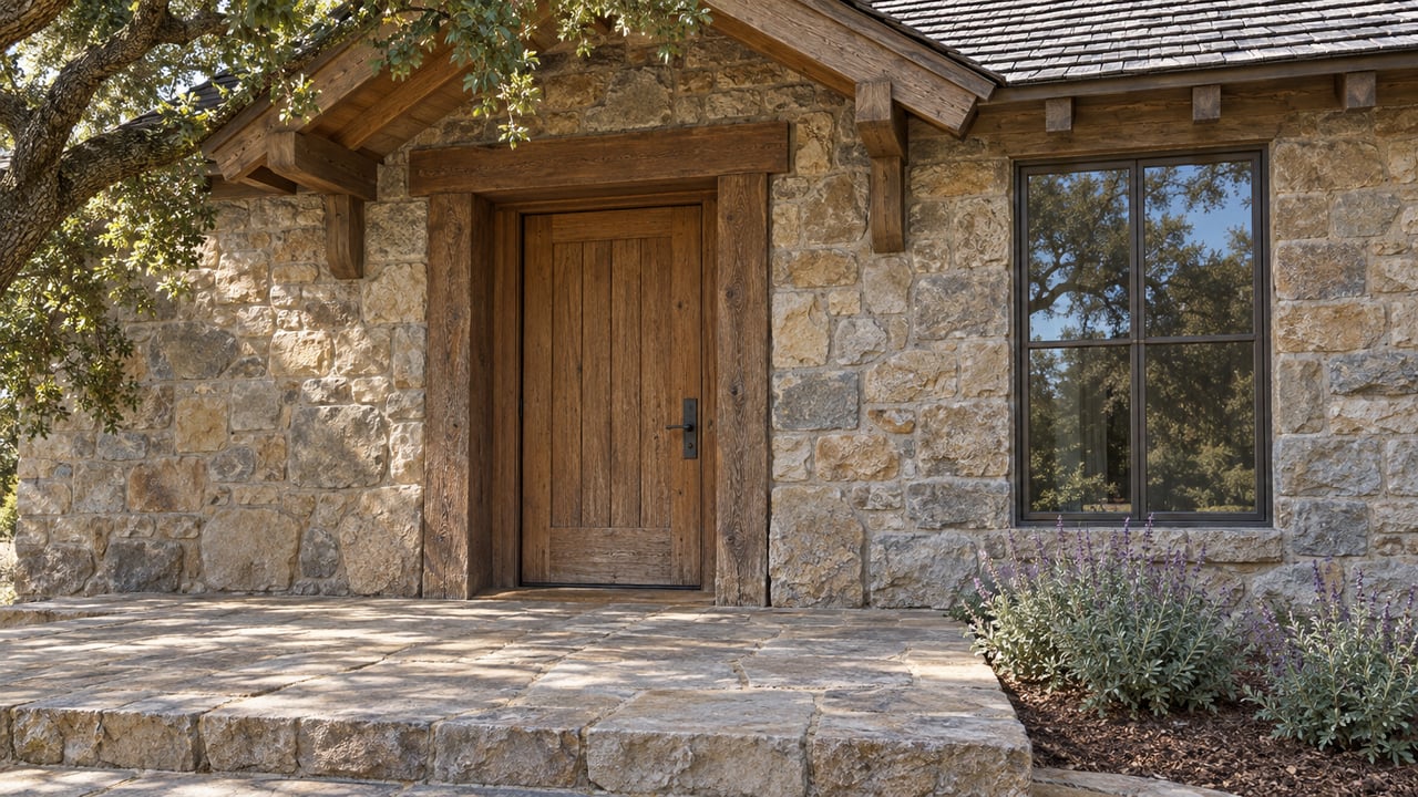 Weathered oak entrance door and bronze-framed window set in rough sandstone beneath a cedar-shingled eave, with a raised stone landing and low sage planting.