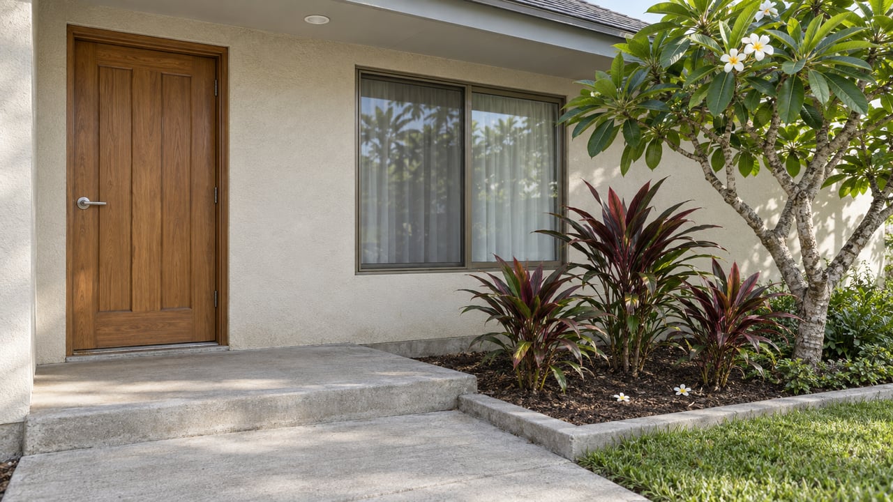 Covered entry of a single-story home with ivory stucco, a wood door, bronze-framed window and plumeria beside a concrete approach.
