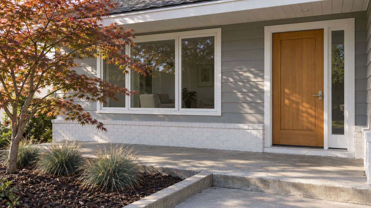 Morning light across a gray lap-sided home's wood entry door, broad window and concrete porch beside a Japanese maple.