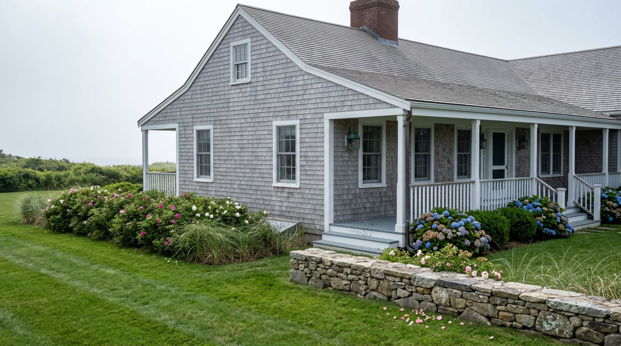 Weathered cedar-shingle coastal home with wraparound porch, beyond a clipped lawn, stone wall, and dune grass.