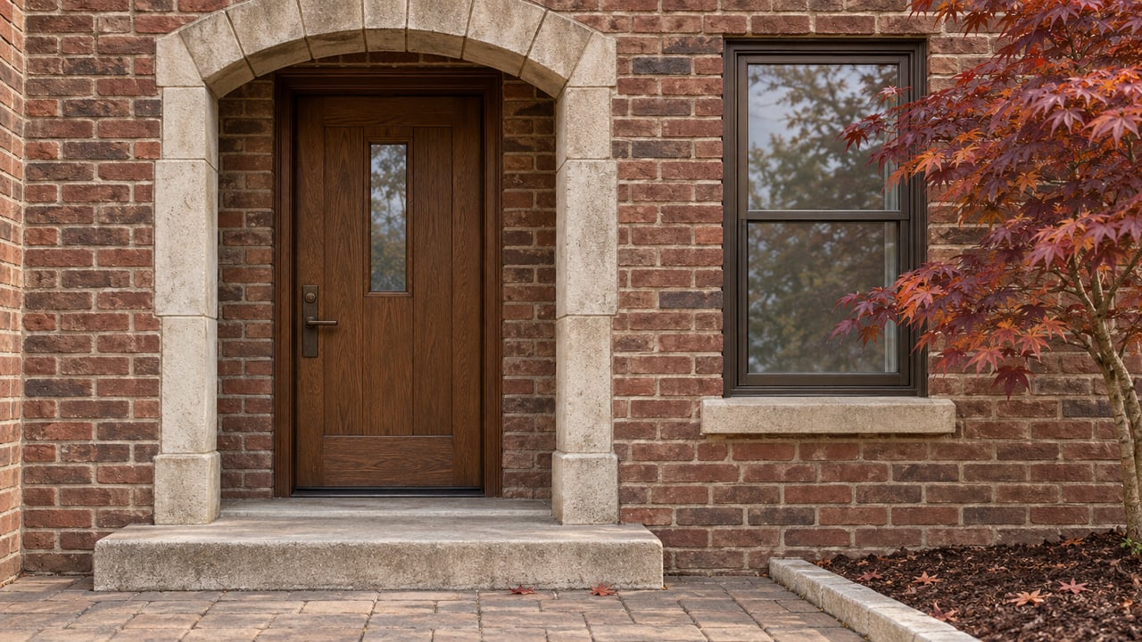 Red-brown brick home with a limestone-arched oak entry, bronze-framed window and copper-colored Japanese maple foliage.