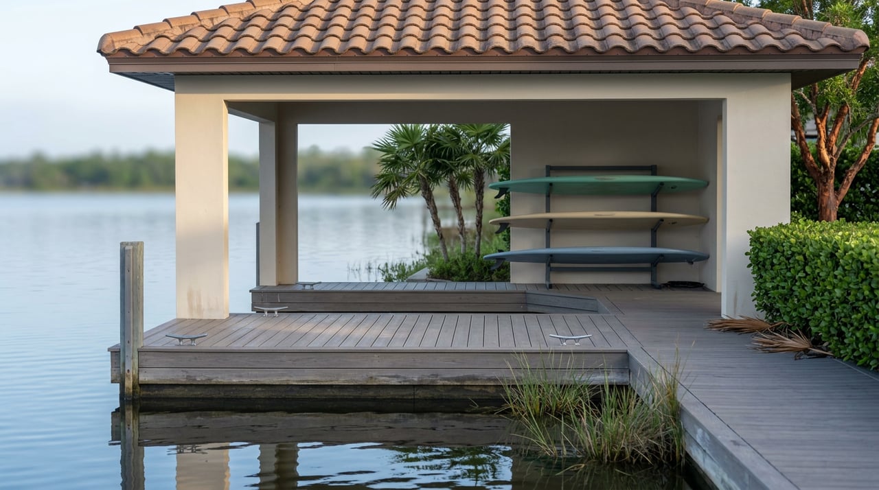 Covered lakeside boat slip with empty berth, mooring cleats, and three paddleboards on a rack.