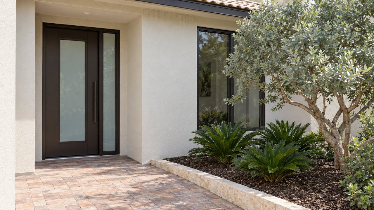 Recessed bronze front door beside a frosted sidelight, with silver-leaved buttonwood and coontie plants by the pavers.