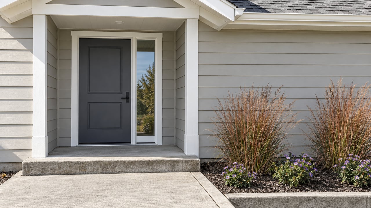 Close view of a pale-sided home's charcoal front door, concrete step and copper-colored native grasses beside violet fall flowers.