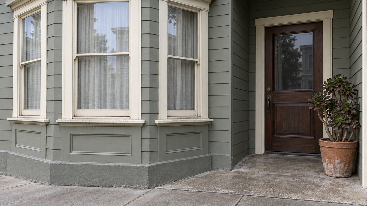 Gray-green wood facade with an ivory-trimmed bay window, recessed timber door and a terracotta pot holding a branching aeonium.