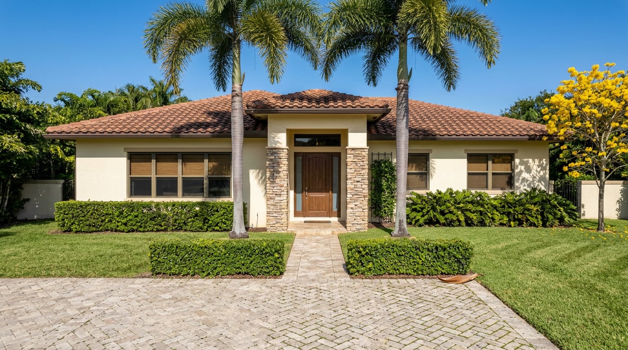 One-story stucco home with stone entry columns, a terracotta tile roof, and royal palms beyond a travertine motor court.