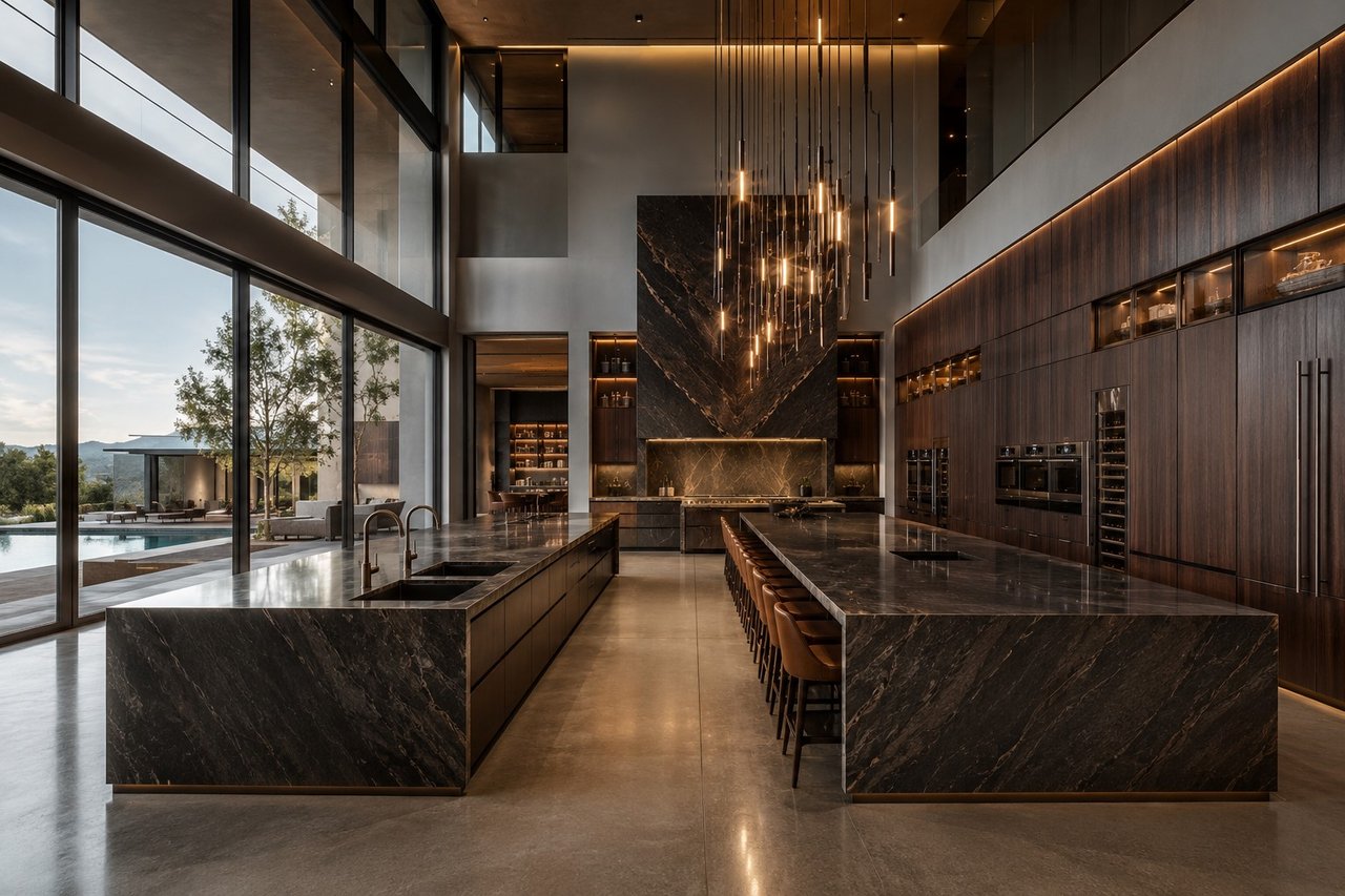 Contemporary kitchen with twin dark stone islands, dramatic pendant lights, and floor-to-ceiling windows overlooking a pool.