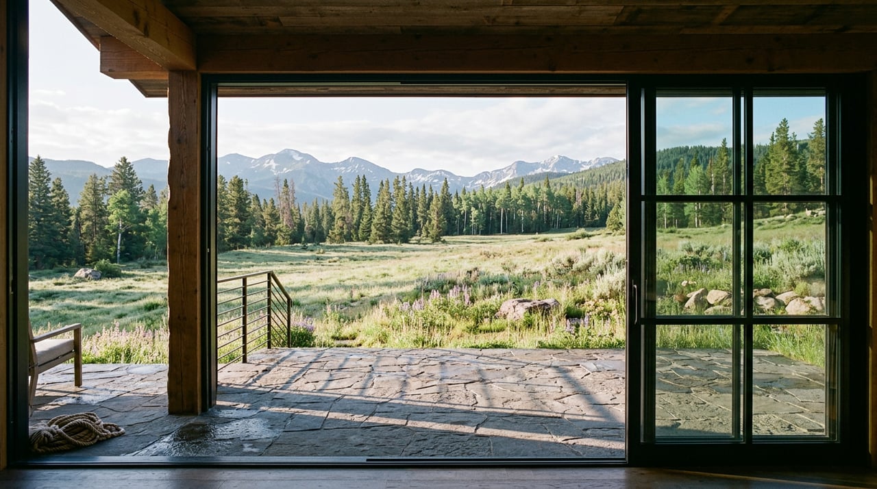 Mountain-contemporary home opens onto a stone patio and deep meadow lot through a wide steel-framed sliding door.