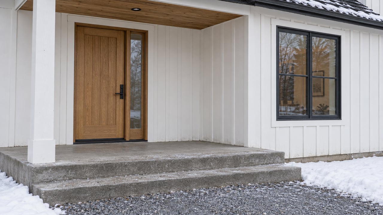 White board-and-batten home with a sheltered oak entry door, dark-framed window, and concrete steps beside settled snow.