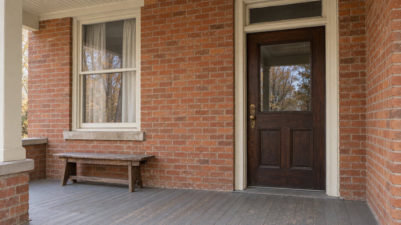 Covered porch of a traditional brick home with a dark wood glazed door, cream sash window and weathered gray floorboards.