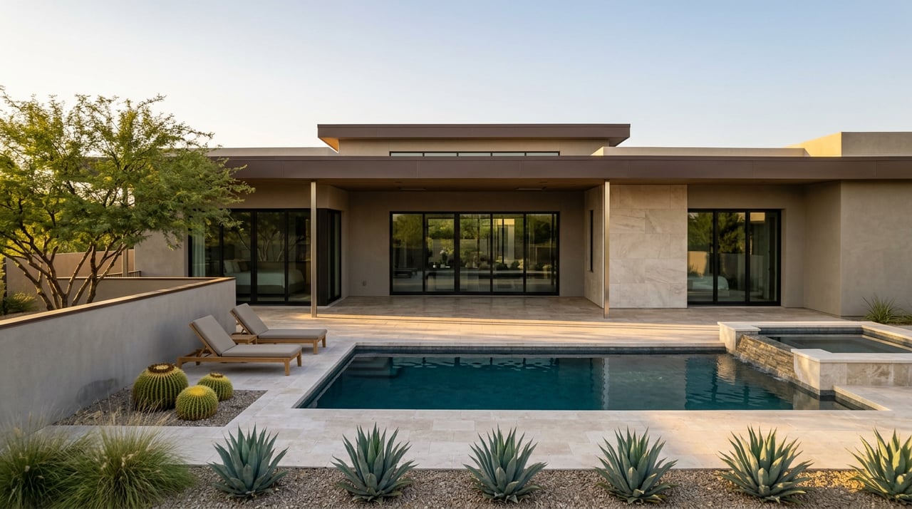 Rear terrace of a desert-modern home with a teal pool, teak loungers, and desert plants.