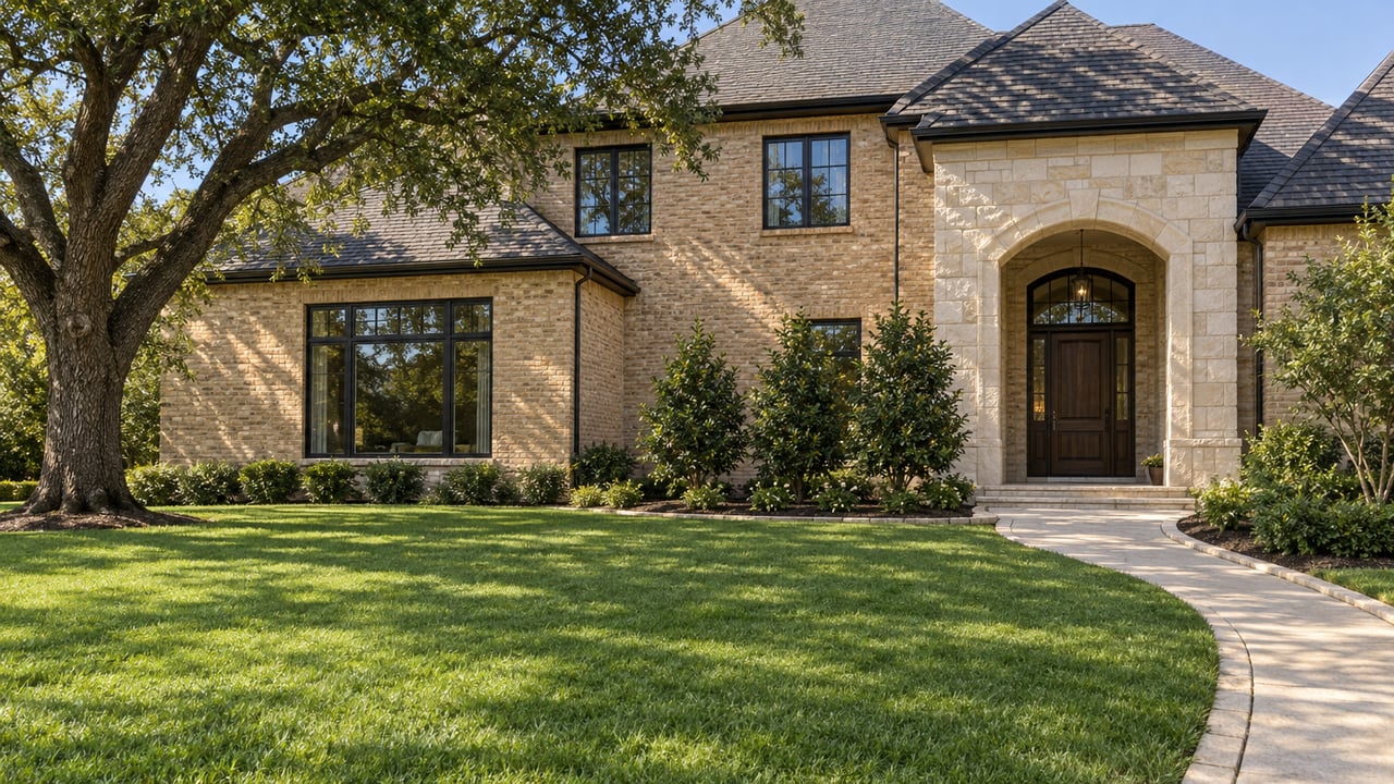Brick and limestone home with a broad charcoal roof, arched entry, deep lawn, and a mature live oak in afternoon sunlight.