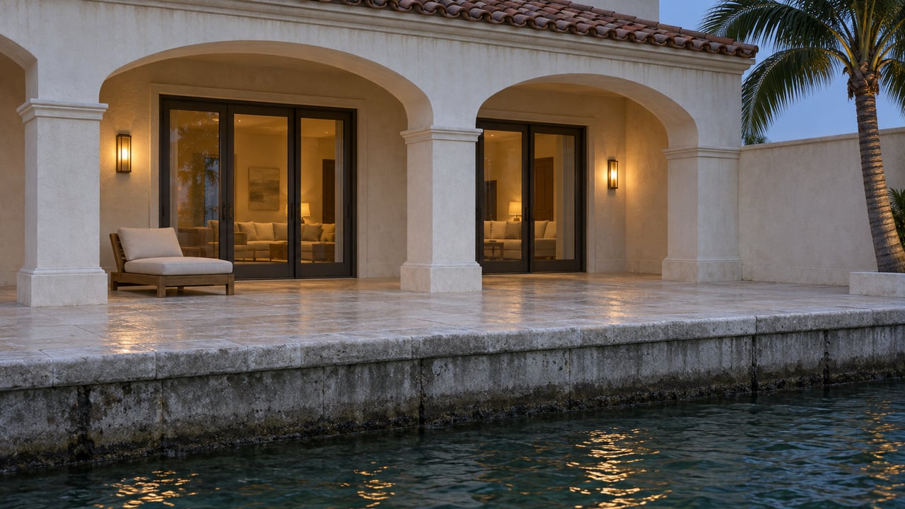 Warmly lit arched waterfront loggia above a limestone-capped seawall and rippling green-blue water at dusk.