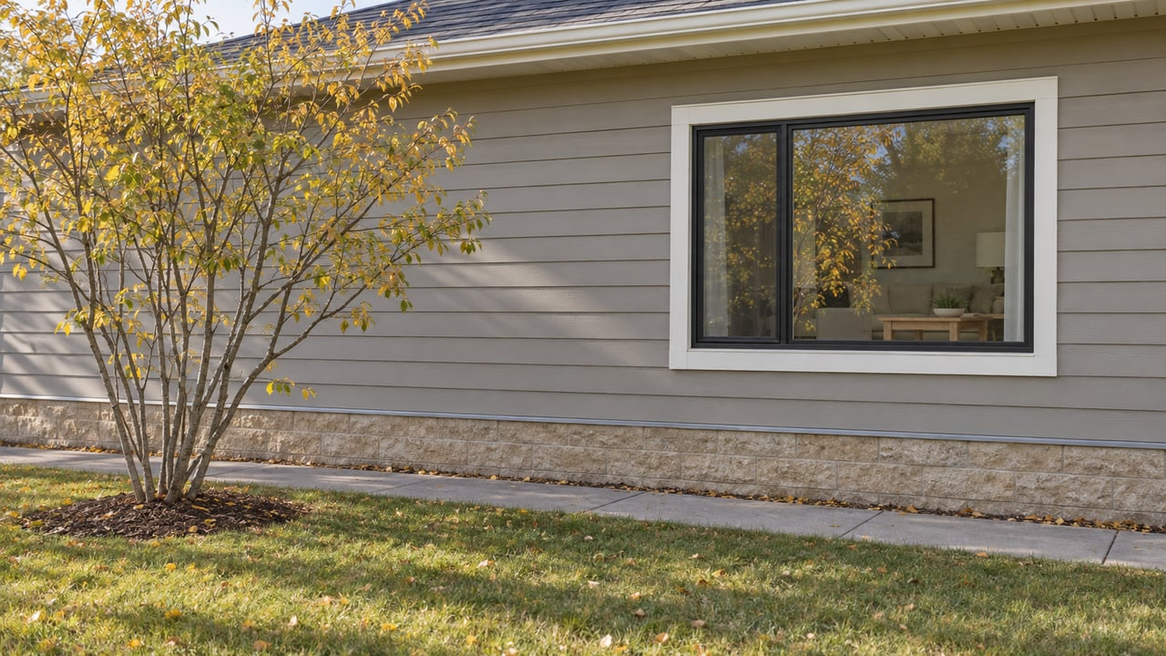 House side wall with a closed living-room window, small yellowing tree, and concrete path beside the lawn.