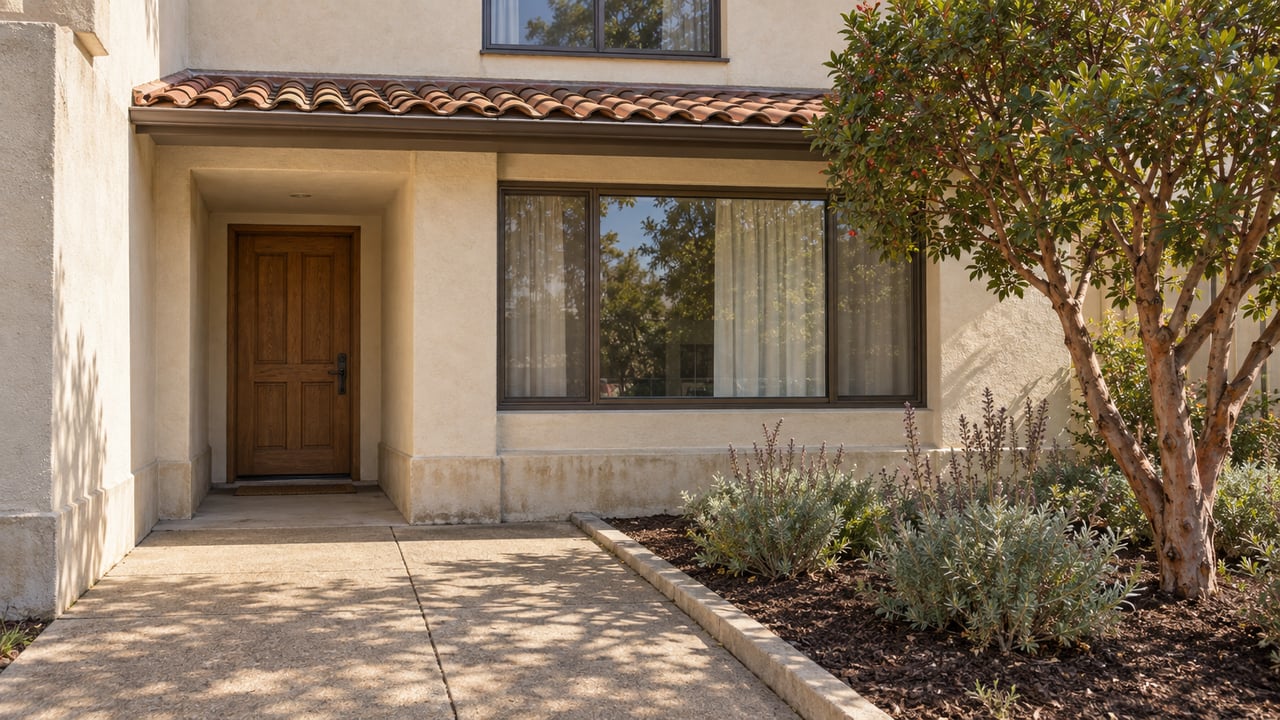 Sunlit stucco attached-home entry with an oak door, bronze-framed windows and a strawberry tree beside a concrete approach.