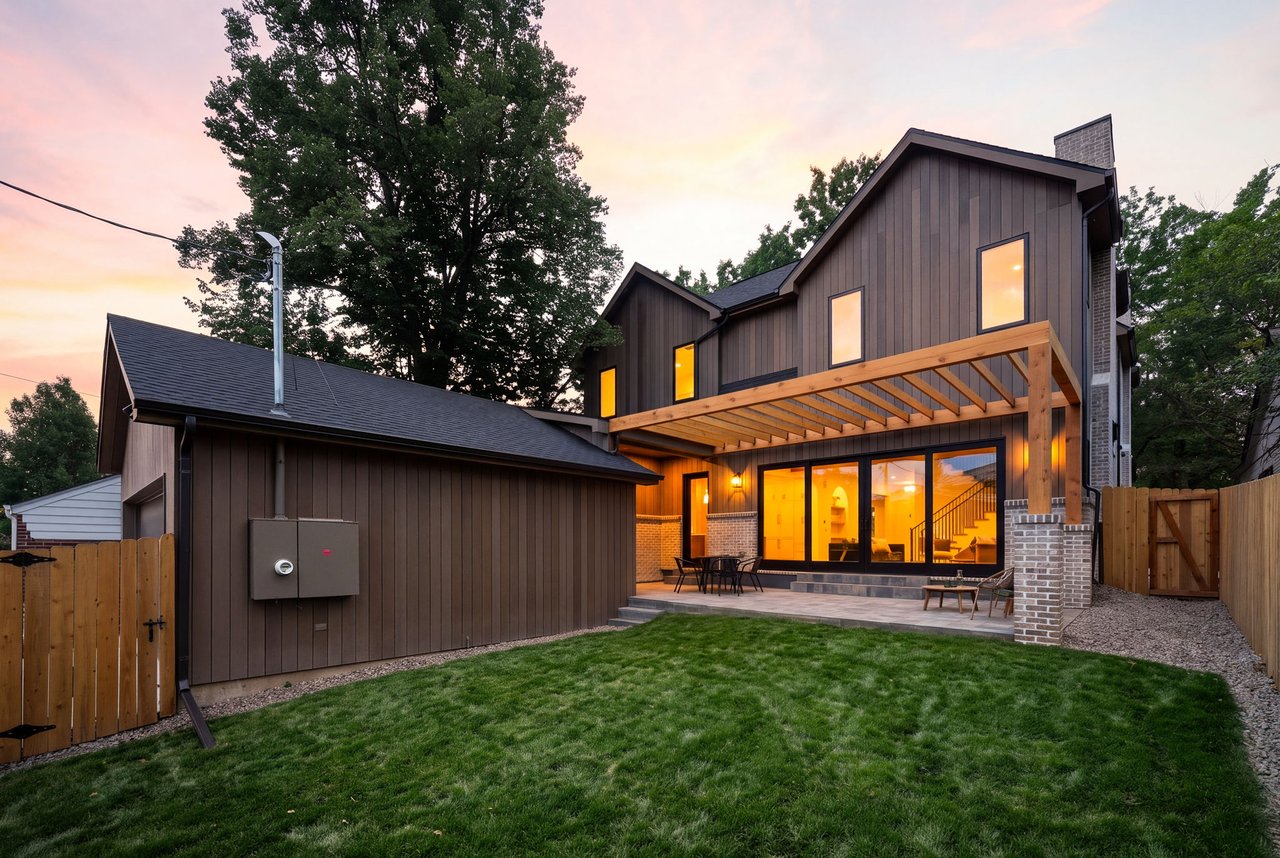 Rear exterior with timber pergola, patio, and lawn beneath a pink dusk sky.