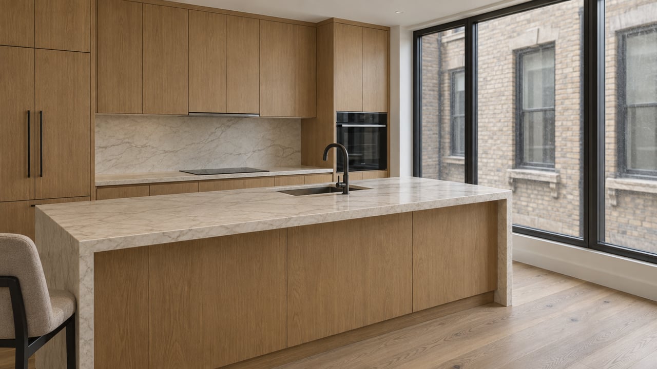 Cream stone kitchen island with an integrated sink, oak cabinetry, and a close brick facade visible through the window.