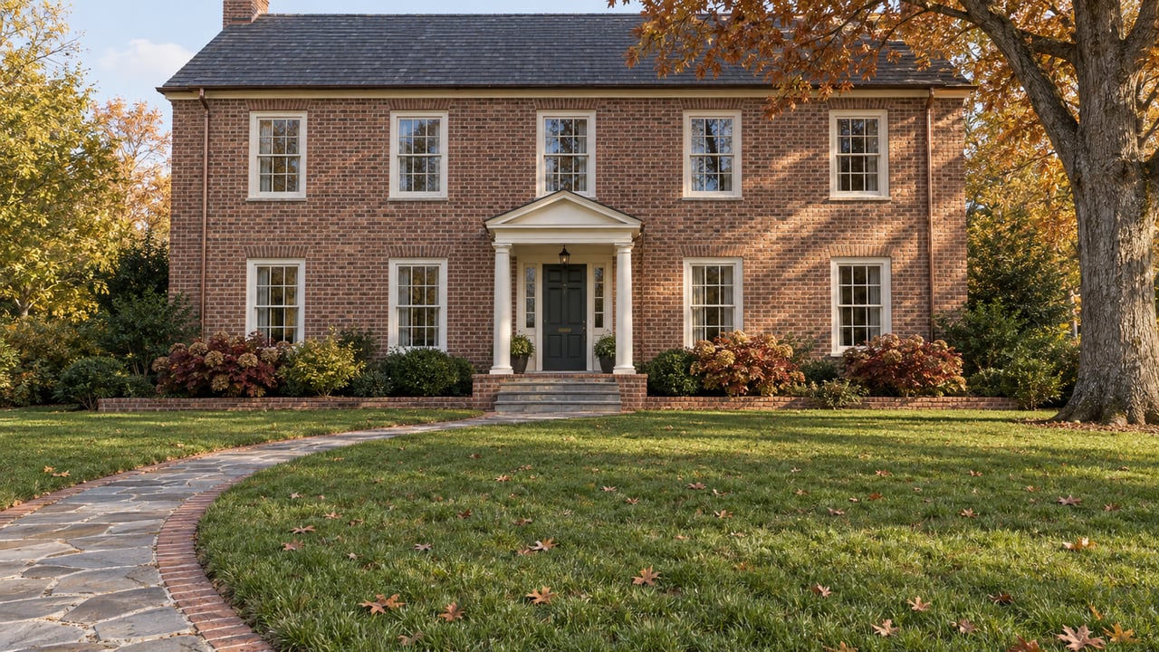 Symmetrical brick home with an ivory columned entry, broad autumn lawn, flagstone walk and a mature oak.