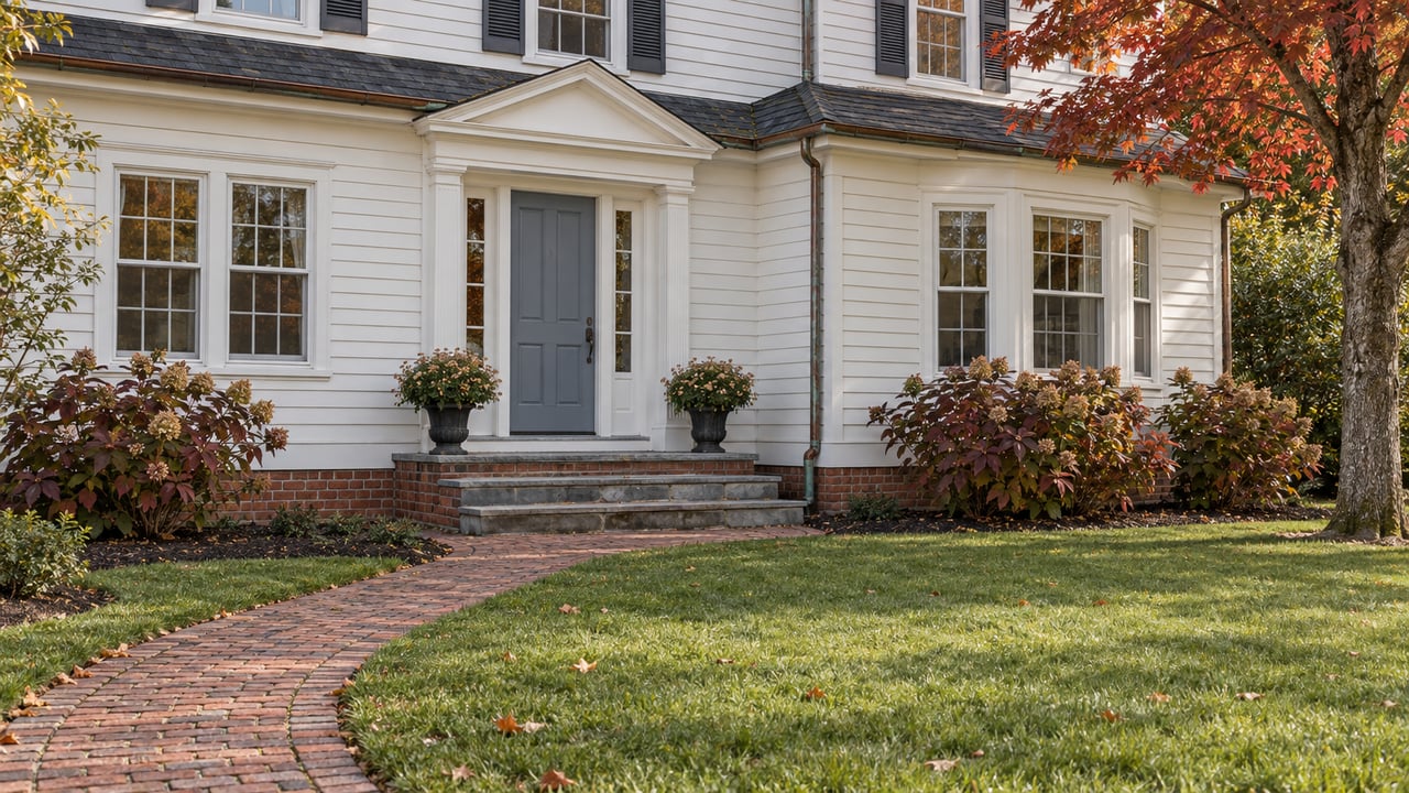 Traditional white clapboard home with a blue-gray entry door, weathered brick walk, deep autumn lawn and red maple canopy.