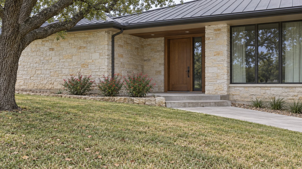 Stone home with a gray metal roof, recessed wood entry, flowering shrubs, and a mature shade tree.