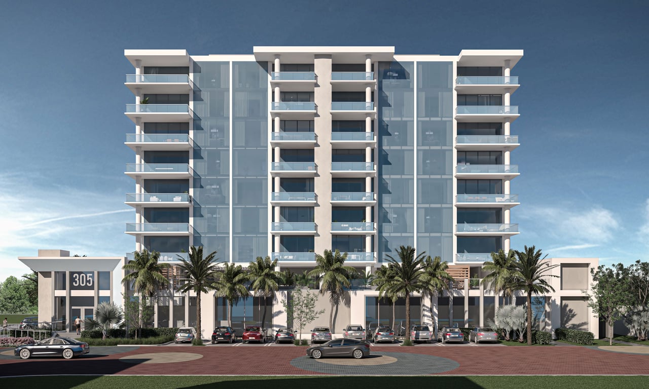 Salato Residences, a modern condominium with glass balconies, palm trees and an entrance marked 305.