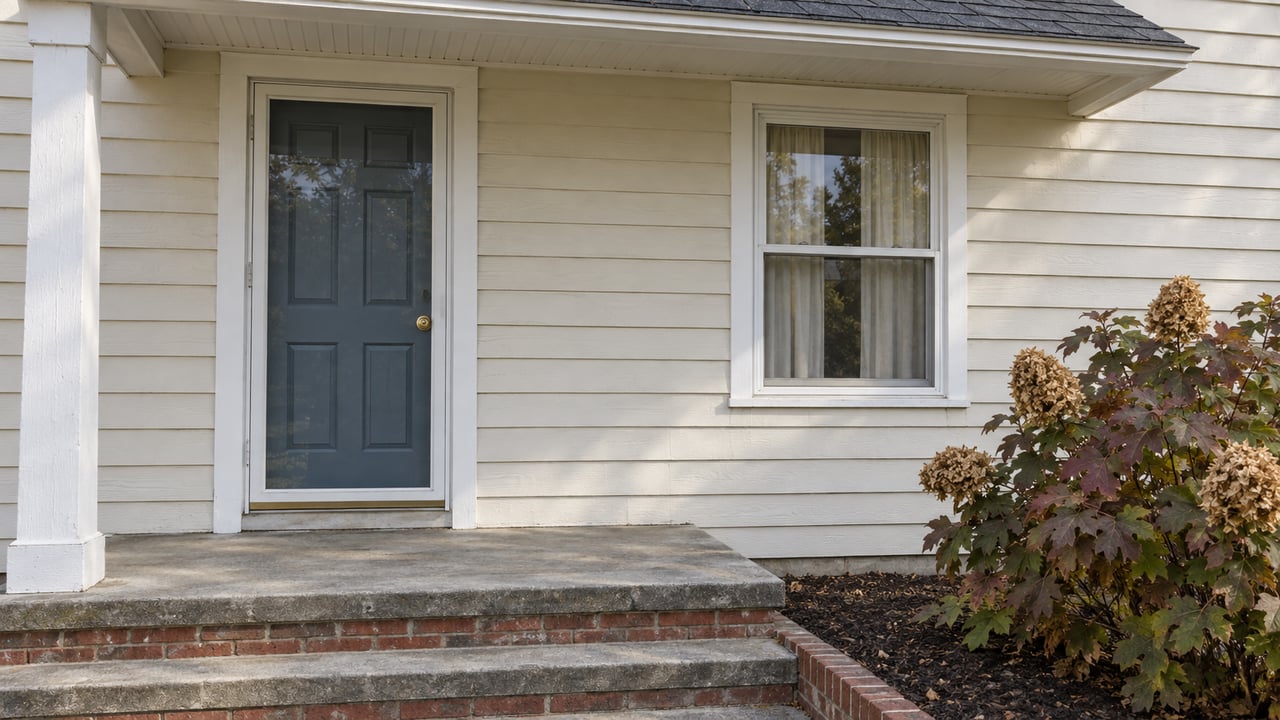 Close view of an ivory clapboard home's slate-blue front door, white sash window and worn brick steps beside autumn-colored oakleaf hydrangea.