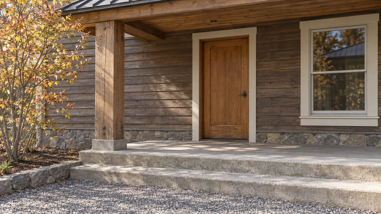 Weathered cedar home entry with a timber porch post, closed wood door, sash window, and worn concrete steps beside autumn serviceberry leaves.