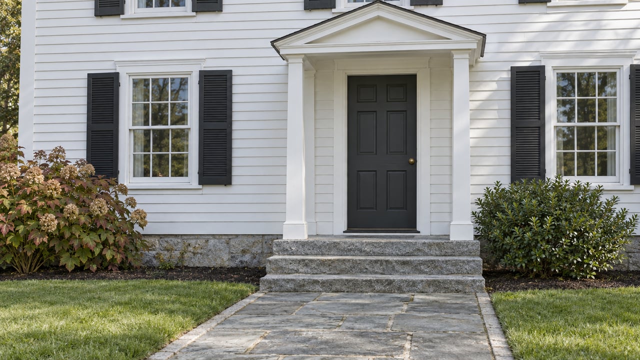 White clapboard house entrance with a black front door, white columns, and stone walkway.