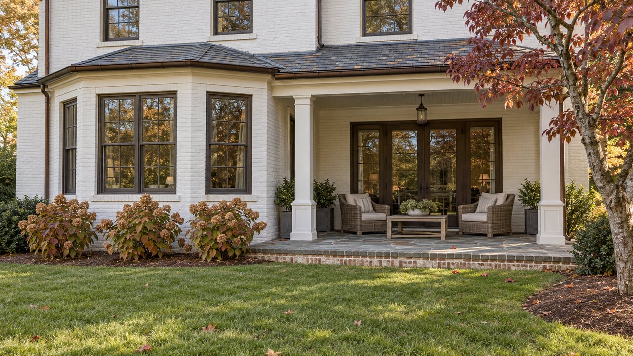 White-painted brick home with a projecting window bay, covered sitting porch and stone terrace beside an autumn dogwood.