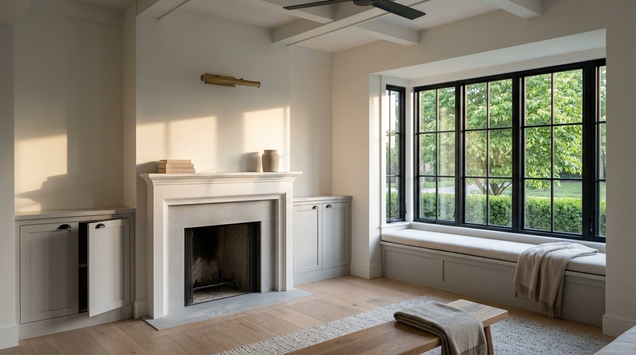 Limestone fireplace beside dove-gray built-ins and a window bench, with a leafy dogwood visible outside.