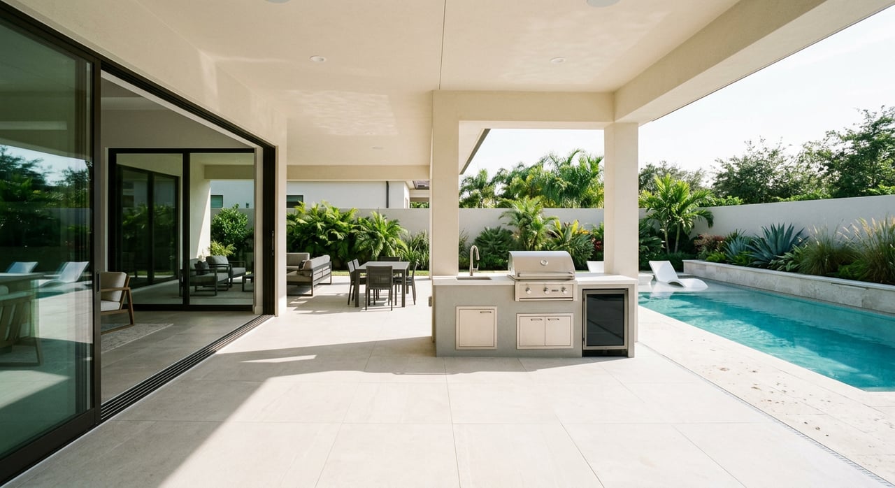 Modern summer kitchen beside a rectangular pool, with sliding glass doors and a clipped hedge behind.