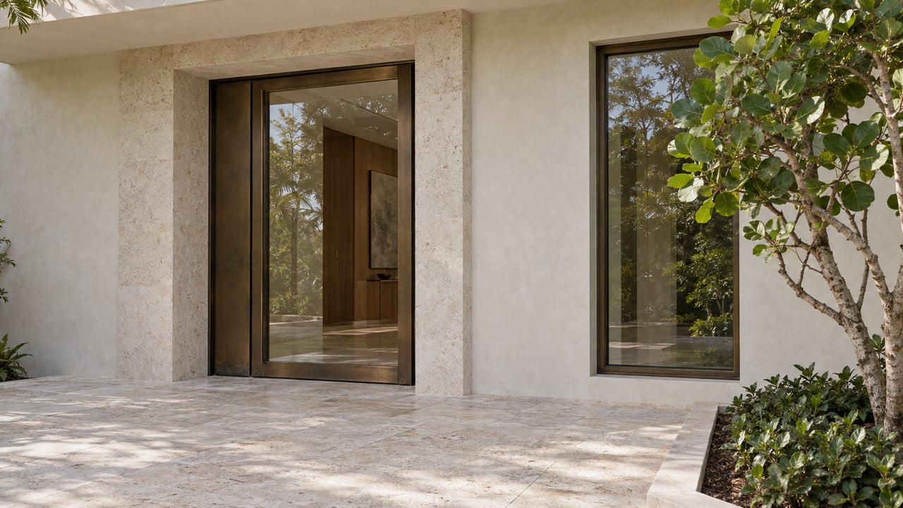 Sheltered luxury home entrance with bronze-framed glass, pale fossiliferous limestone and a leafy specimen tree.
