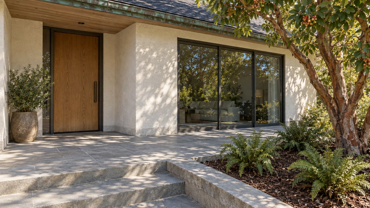 Established stucco home with an oak entry door, bronze-framed glass doors and a sandstone landing beside a strawberry tree and sword ferns.