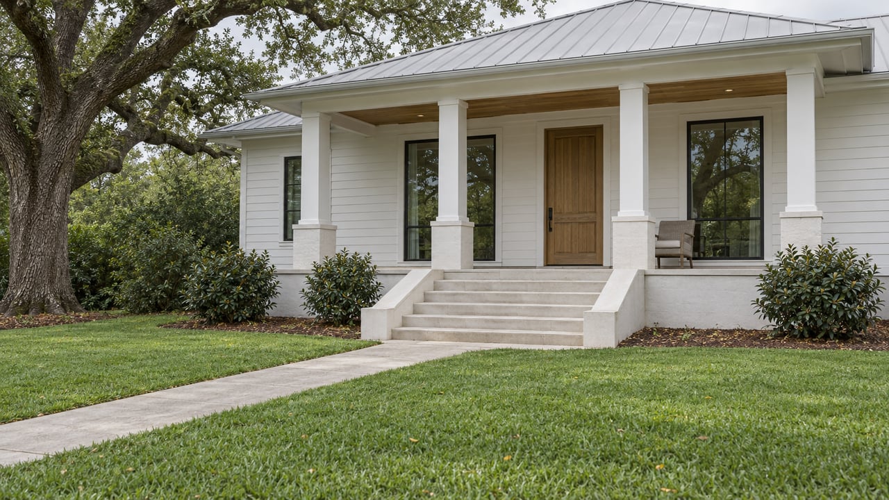 White elevated home with a broad entry stair, warm wood porch ceiling and deep lawn beneath a spreading live oak.
