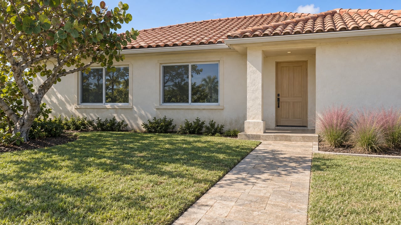 Sunlit ivory stucco home with a clay-tile roof, two windows and a recessed entry beyond a lawn and buff paver approach.