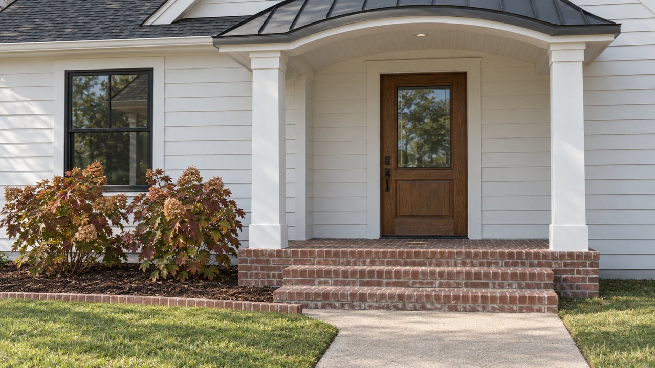 White lap-sided home with a curved charcoal porch canopy, oak front door, brick steps and oakleaf hydrangeas.