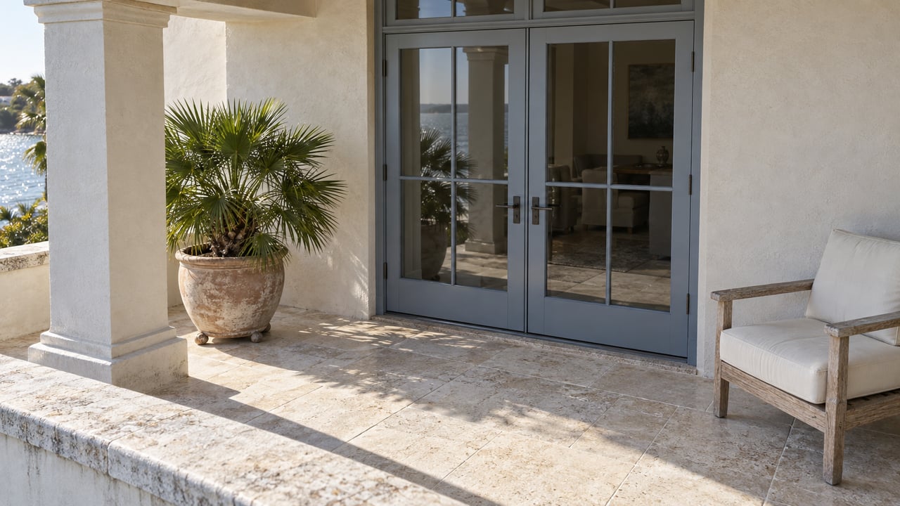 An elevated view across a limestone terrace toward closed blue-gray French doors, with an ivory stucco column, a weathered teak chair, and a potted fan palm.