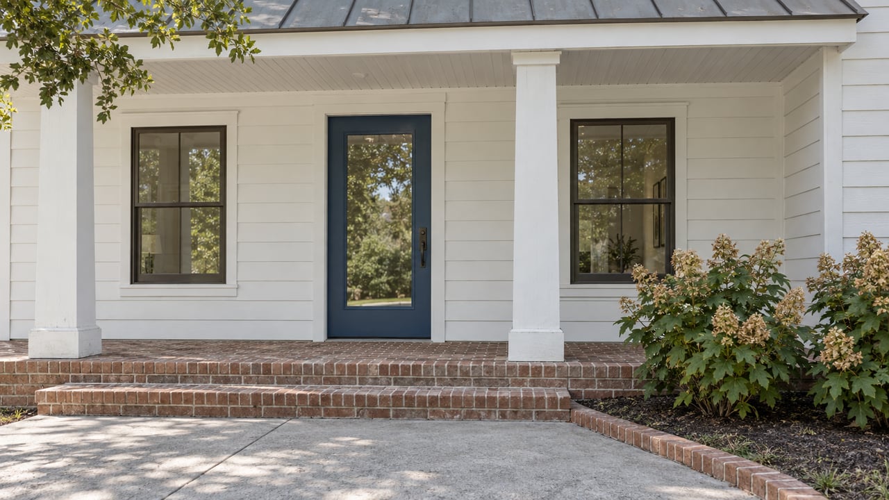 White-sided home with a blue glazed front door, brick porch steps and oakleaf hydrangeas beside a concrete approach.