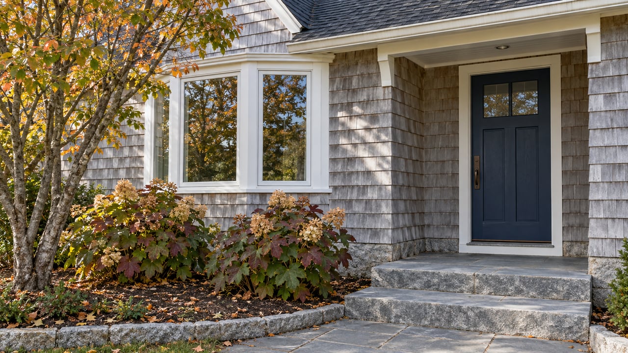 Silver-gray shingle home with a bay window, recessed navy front door, bluestone steps, and autumn serviceberry and oakleaf hydrangea planting.